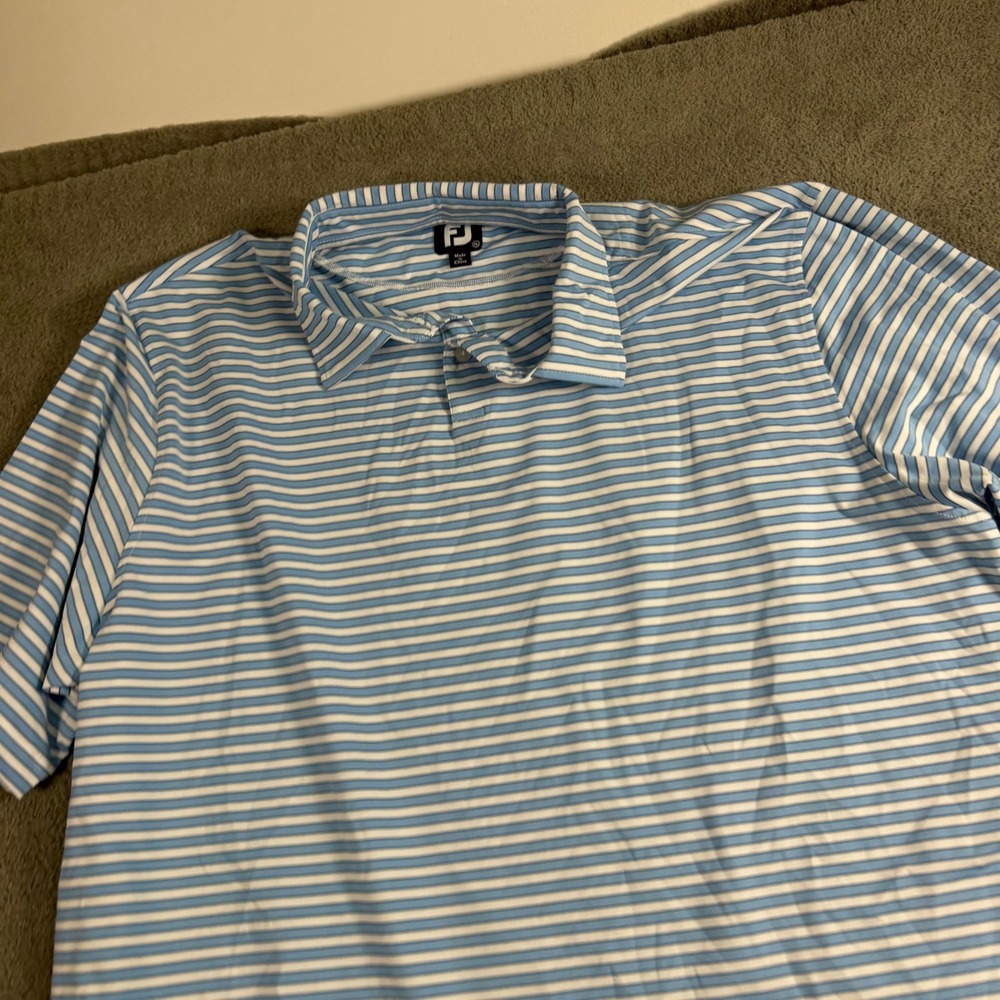 FootJoy Mens XL Blue White Striped Performance Golf Polo Shirt Short Sleeve FJ